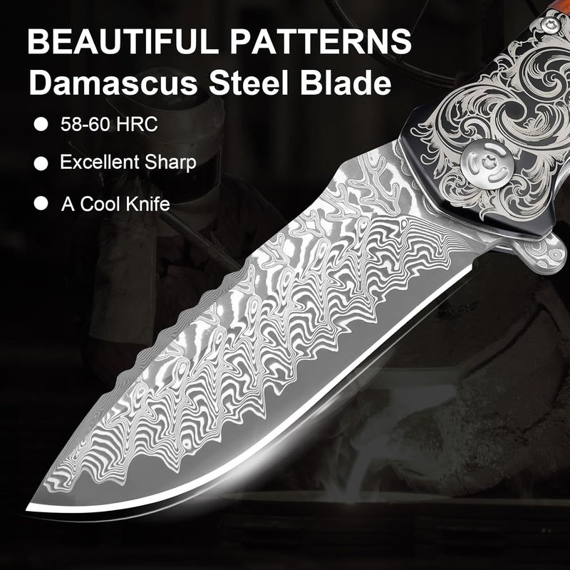 Zingbee Pocket Knife with Glass Breaker, EDC Damascus Folding Knife with Seatbelt Cutter, 3.35" VG10 Damascus Steel Blade Multitool Pocket Knives with Wood Handle - Image 3